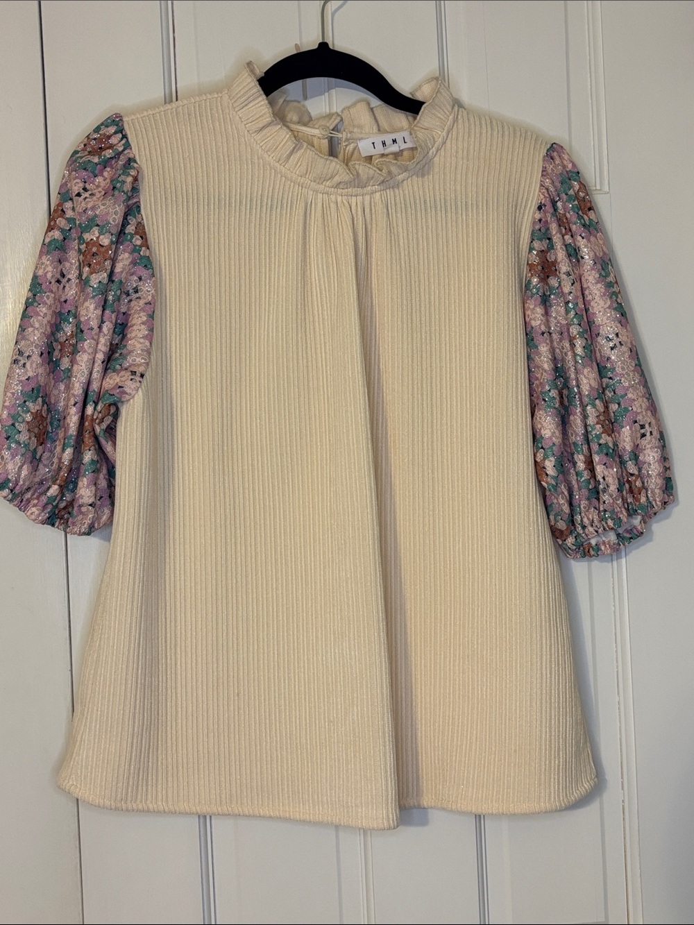 THML Cream Ribbed Top with Floral Puff Sleeves